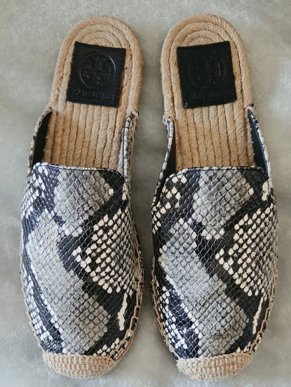 Tory Burch Snake Print Espadrille Slides in Black & Cream
